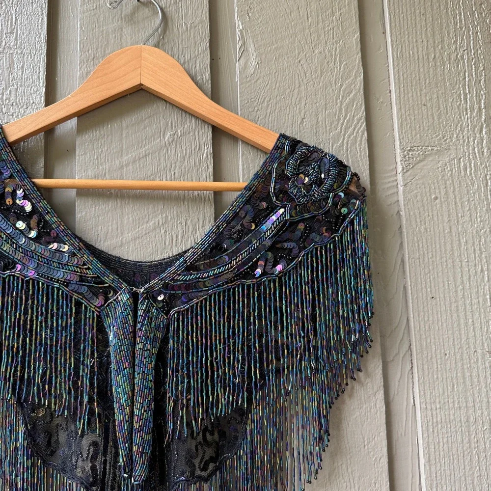 Vintage Beaded Fringe Capelet Shawl Womens Iridescent Floral One Size Black